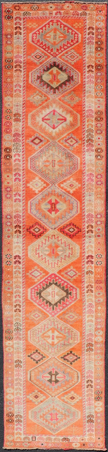 Measures: 2'9 x 12'3 Turkish Vintage Oushak Runner with Tribal Medallion Design in Orange and Ivory. Keivan Woven Arts / rug TU - NED - 4685, country of origin / type: Turkey / Oushak, circa 1950 This beautiful vintage Turkish runner features a ... - Keivan Woven ArtsTU - NED - 4685 - 22093Rug