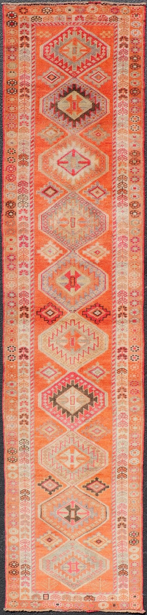 Measures: 2'9 x 12'3 Turkish Vintage Oushak Runner with Tribal Medallion Design in Orange and Ivory. Keivan Woven Arts / rug TU - NED - 4685, country of origin / type: Turkey / Oushak, circa 1950 This beautiful vintage Turkish runner features a ... - Keivan Woven ArtsTU - NED - 4685 - 22093Rug