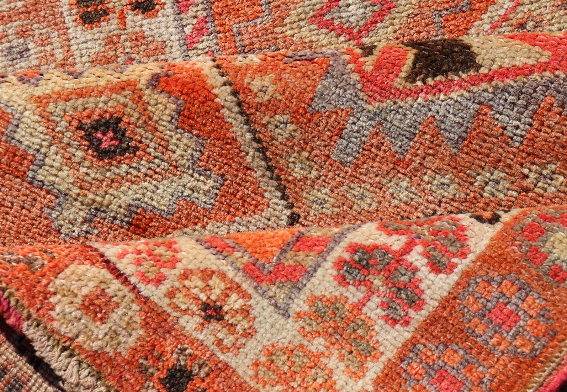 Measures: 2'9 x 12'3 Turkish Vintage Oushak Runner with Tribal Medallion Design in Orange and Ivory. Keivan Woven Arts / rug TU - NED - 4685, country of origin / type: Turkey / Oushak, circa 1950 This beautiful vintage Turkish runner features a ... - Keivan Woven ArtsTU - NED - 4685 - 22093Rug