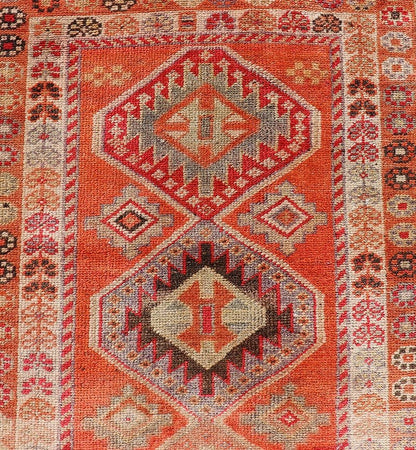 Measures: 2'9 x 12'3 Turkish Vintage Oushak Runner with Tribal Medallion Design in Orange and Ivory. Keivan Woven Arts / rug TU - NED - 4685, country of origin / type: Turkey / Oushak, circa 1950 This beautiful vintage Turkish runner features a ... - Keivan Woven ArtsTU - NED - 4685 - 22093Rug