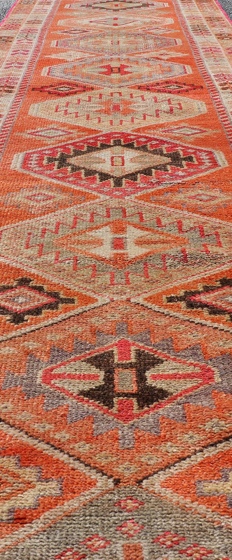 Measures: 2'9 x 12'3 Turkish Vintage Oushak Runner with Tribal Medallion Design in Orange and Ivory. Keivan Woven Arts / rug TU - NED - 4685, country of origin / type: Turkey / Oushak, circa 1950 This beautiful vintage Turkish runner features a ... - Keivan Woven ArtsTU - NED - 4685 - 22093Rug