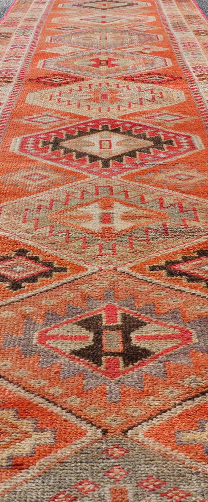 Measures: 2'9 x 12'3 Turkish Vintage Oushak Runner with Tribal Medallion Design in Orange and Ivory. Keivan Woven Arts / rug TU - NED - 4685, country of origin / type: Turkey / Oushak, circa 1950 This beautiful vintage Turkish runner features a ... - Keivan Woven ArtsTU - NED - 4685 - 22093Rug