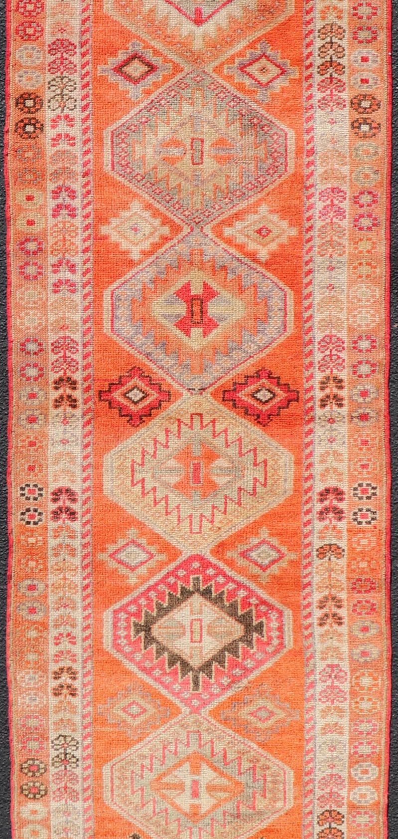 Measures: 2'9 x 12'3 Turkish Vintage Oushak Runner with Tribal Medallion Design in Orange and Ivory. Keivan Woven Arts / rug TU - NED - 4685, country of origin / type: Turkey / Oushak, circa 1950 This beautiful vintage Turkish runner features a ... - Keivan Woven ArtsTU - NED - 4685 - 22093Rug