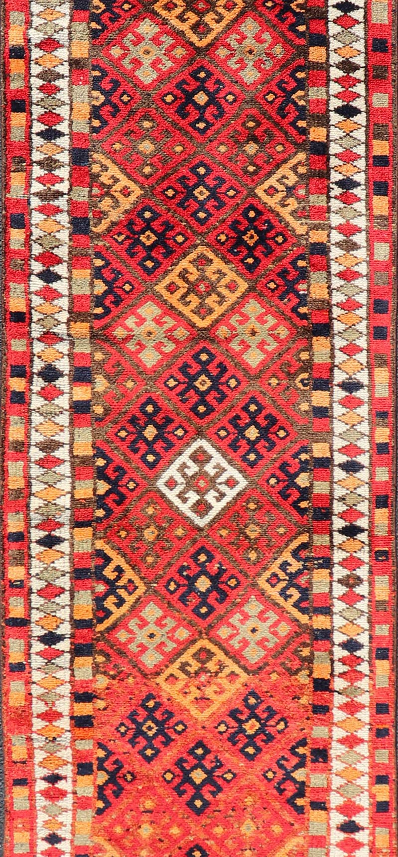 Measures: 2'10 x 14'0 Vintage Turkish Oushak Runner with Medallions in Red and Multi Colors. Keivan Woven Arts / rug TU - NED - 4686, country of origin / type: Turkey / Oushak, circa mid - 20th Century. This Oushak runner from mid - 20th century Turkey ... - Keivan Woven ArtsTU - NED - 4686 - 22099Rug