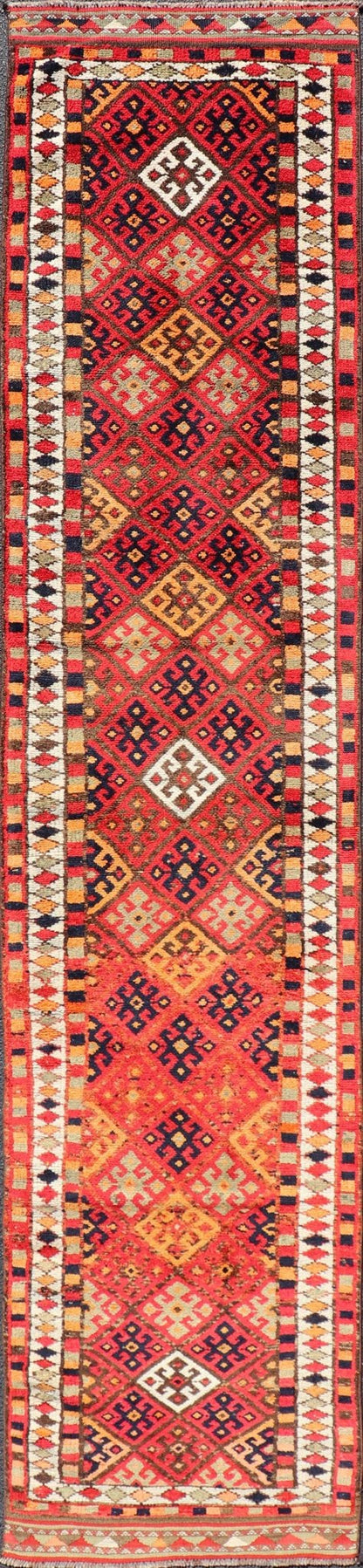 Measures: 2'10 x 14'0 Vintage Turkish Oushak Runner with Medallions in Red and Multi Colors. Keivan Woven Arts / rug TU - NED - 4686, country of origin / type: Turkey / Oushak, circa mid - 20th Century. This Oushak runner from mid - 20th century Turkey ... - Keivan Woven ArtsTU - NED - 4686 - 22099Rug