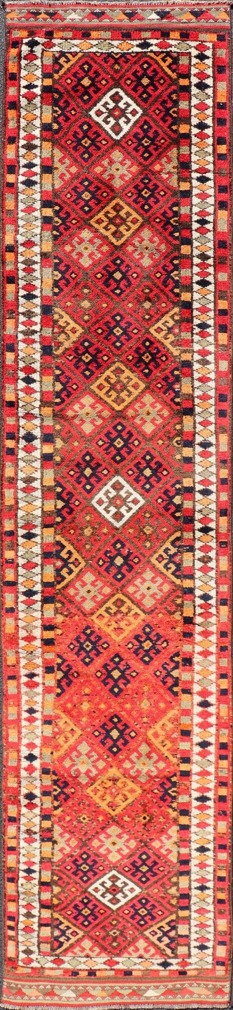 Measures: 2'10 x 14'0 Vintage Turkish Oushak Runner with Medallions in Red and Multi Colors. Keivan Woven Arts / rug TU - NED - 4686, country of origin / type: Turkey / Oushak, circa mid - 20th Century. This Oushak runner from mid - 20th century Turkey ... - Keivan Woven ArtsTU - NED - 4686 - 22099Rug