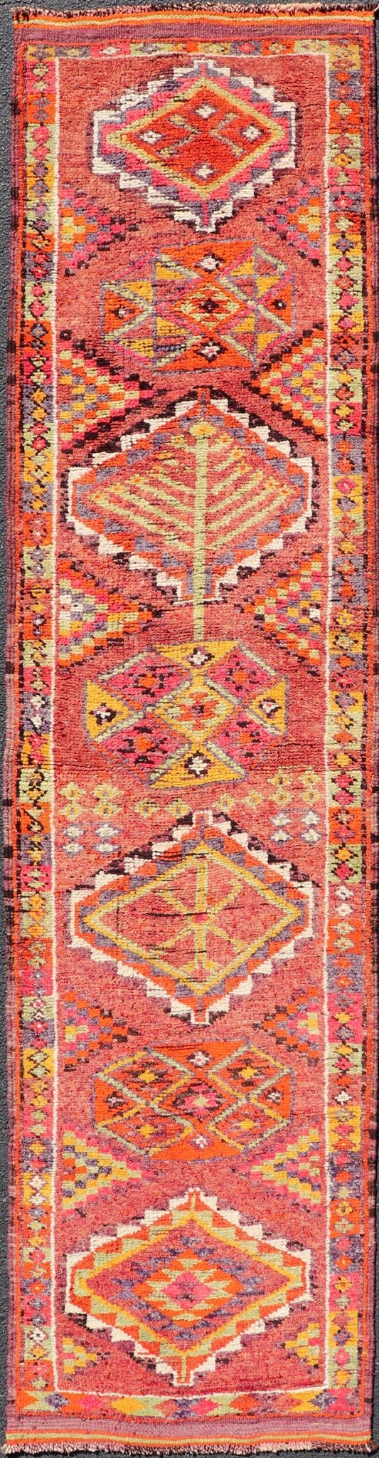 Measures: 3'0 x 12'10 Vintage Turkish Oushak Runner with Medallions in Purple and Multi Colors. Keivan Woven Arts / rug TU - NED - 4687, country of origin / type: Turkey / Oushak, circa mid - 20th Century. This Oushak runner from mid - 20th century Turk... - Keivan Woven ArtsTU - NED - 4687 - 22105Rug