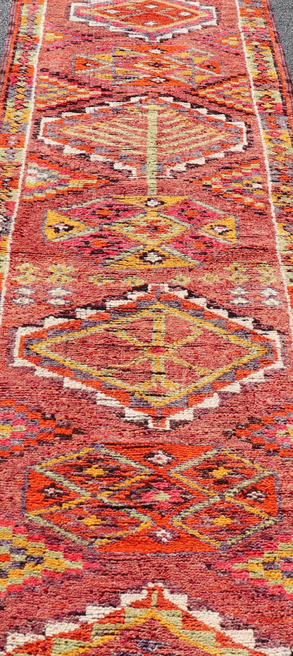 Measures: 3'0 x 12'10 Vintage Turkish Oushak Runner with Medallions in Purple and Multi Colors. Keivan Woven Arts / rug TU - NED - 4687, country of origin / type: Turkey / Oushak, circa mid - 20th Century. This Oushak runner from mid - 20th century Turk... - Keivan Woven ArtsTU - NED - 4687 - 22105Rug