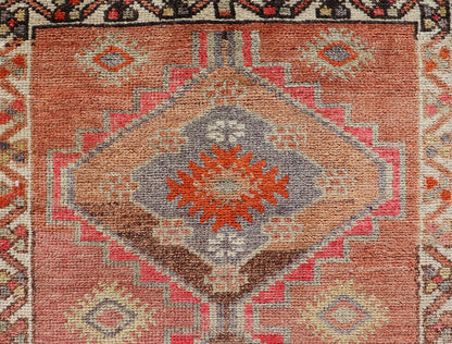 Measures: 2'10 x 11'10 Vintage Turkish Oushak Runner with Tribal Medallions in Redish Tones. Keivan Woven Arts / rug TU - NED - 4688, country of origin / type: Turkey / Oushak, circa 1950. This vintage Oushak runner features a unique blend of cheerfu... - Keivan Woven ArtsTU - NED - 4688 - 22111Rug