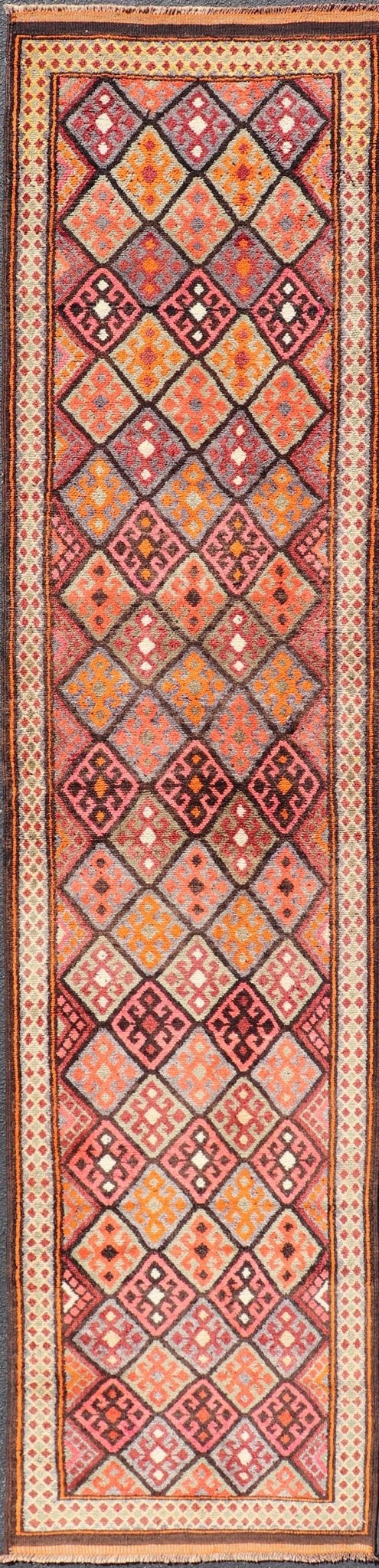 Measures: 3'2 x 14'1 Turkish Vintage Runner with All - Over Diamond Kurdish Design in Multi - Colors. Keivan Woven Arts / rug TU - NED - 4689, country of origin / type: Turkey / Oushak, circa 1950. This beautiful vintage Oushak runner from 1950s Turkey ... - Keivan Woven ArtsTU - NED - 4689 - 22117Rug