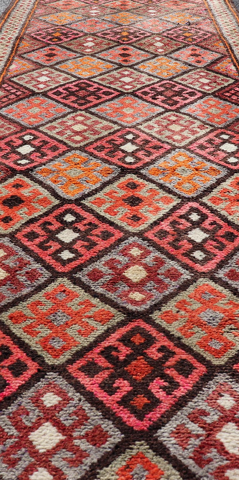 Measures: 3'2 x 14'1 Turkish Vintage Runner with All - Over Diamond Kurdish Design in Multi - Colors. Keivan Woven Arts / rug TU - NED - 4689, country of origin / type: Turkey / Oushak, circa 1950. This beautiful vintage Oushak runner from 1950s Turkey ... - Keivan Woven ArtsTU - NED - 4689 - 22117Rug