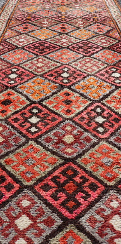 Measures: 3'2 x 14'1 Turkish Vintage Runner with All - Over Diamond Kurdish Design in Multi - Colors. Keivan Woven Arts / rug TU - NED - 4689, country of origin / type: Turkey / Oushak, circa 1950. This beautiful vintage Oushak runner from 1950s Turkey ... - Keivan Woven ArtsTU - NED - 4689 - 22117Rug