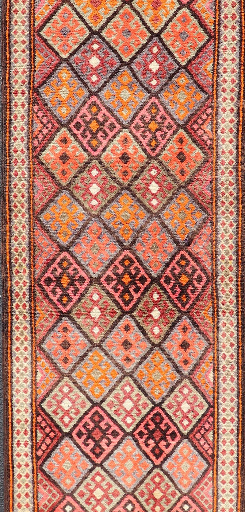 Measures: 3'2 x 14'1 Turkish Vintage Runner with All - Over Diamond Kurdish Design in Multi - Colors. Keivan Woven Arts / rug TU - NED - 4689, country of origin / type: Turkey / Oushak, circa 1950. This beautiful vintage Oushak runner from 1950s Turkey ... - Keivan Woven ArtsTU - NED - 4689 - 22117Rug