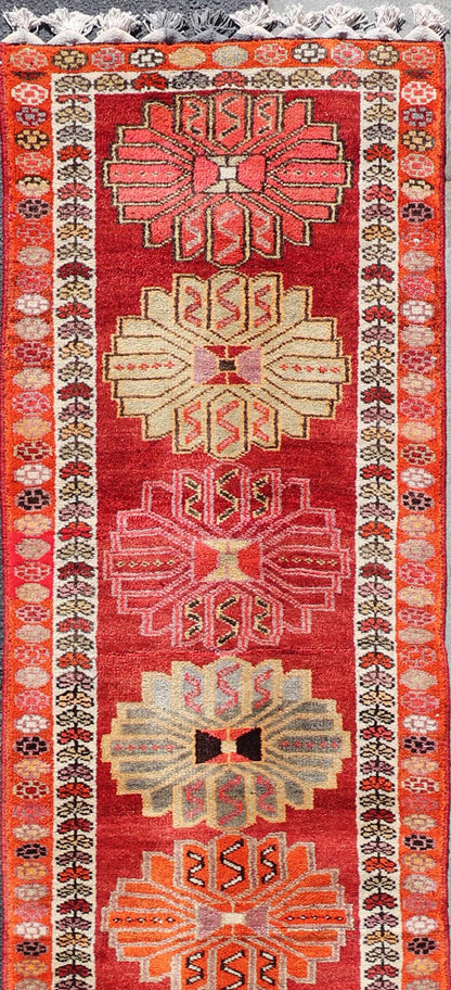 Measures: 2'11 x 15'0 Vintage Turkish Oushak Runner with Bright and Colorful Large Medallion Design. Keivan Woven Arts / rug TU - NED - 4691, country of origin / type: Turkey / Oushak, circa mid - 20th Century. This Oushak carpet from mid - 20th century... - Keivan Woven ArtsTU - NED - 4691 - 22123Rug
