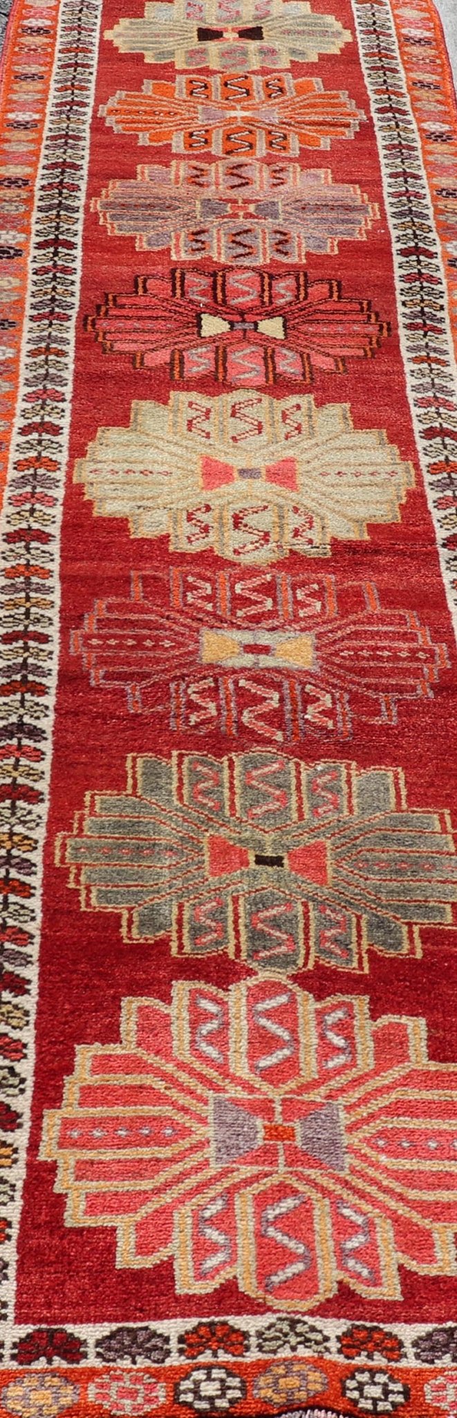 Measures: 2'11 x 15'0 Vintage Turkish Oushak Runner with Bright and Colorful Large Medallion Design. Keivan Woven Arts / rug TU - NED - 4691, country of origin / type: Turkey / Oushak, circa mid - 20th Century. This Oushak carpet from mid - 20th century... - Keivan Woven ArtsTU - NED - 4691 - 22123Rug