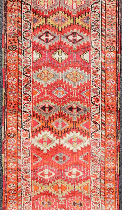 Measures: 2'11 x 9'10 Vintage Turkish Runner with All - Over Diamond Kurdish Design in Multi - Colors. Keivan Woven Arts / rug TU - NED - 4693, country of origin / type: Turkey / Oushak, circa 1950. This beautiful vintage Oushak runner from 1960s Turkey... - Keivan Woven ArtsTU - NED - 4693 - 22135Rug