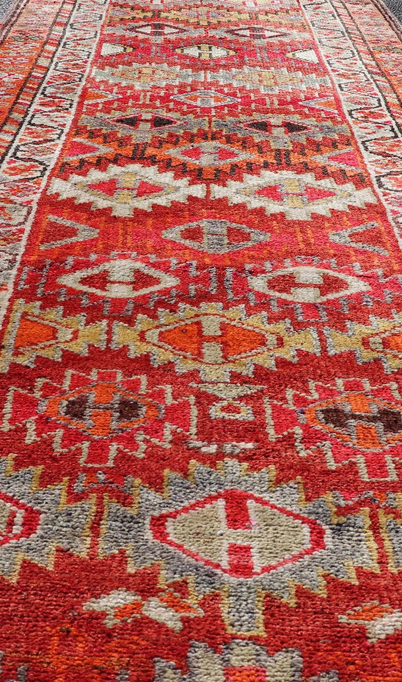 Measures: 2'11 x 9'10 Vintage Turkish Runner with All - Over Diamond Kurdish Design in Multi - Colors. Keivan Woven Arts / rug TU - NED - 4693, country of origin / type: Turkey / Oushak, circa 1950. This beautiful vintage Oushak runner from 1960s Turkey... - Keivan Woven ArtsTU - NED - 4693 - 22135Rug