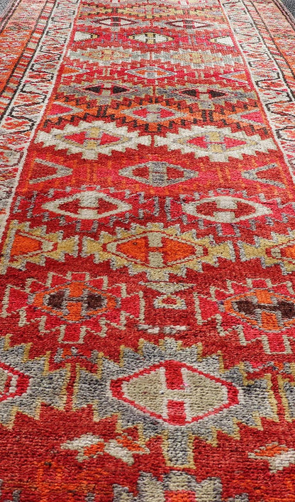 Measures: 2'11 x 9'10 Vintage Turkish Runner with All - Over Diamond Kurdish Design in Multi - Colors. Keivan Woven Arts / rug TU - NED - 4693, country of origin / type: Turkey / Oushak, circa 1950. This beautiful vintage Oushak runner from 1960s Turkey... - Keivan Woven ArtsTU - NED - 4693 - 22135Rug