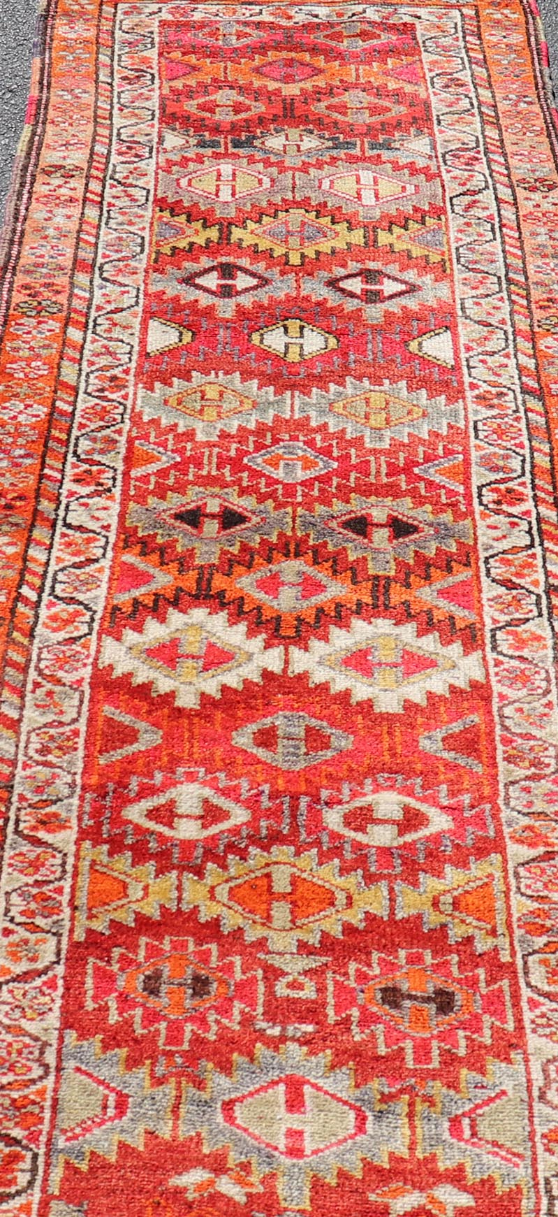 Measures: 2'11 x 9'10 Vintage Turkish Runner with All - Over Diamond Kurdish Design in Multi - Colors. Keivan Woven Arts / rug TU - NED - 4693, country of origin / type: Turkey / Oushak, circa 1950. This beautiful vintage Oushak runner from 1960s Turkey... - Keivan Woven ArtsTU - NED - 4693 - 22135Rug