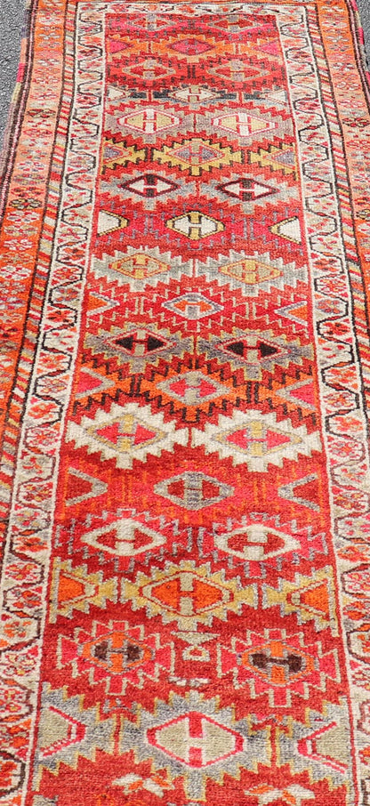 Measures: 2'11 x 9'10 Vintage Turkish Runner with All - Over Diamond Kurdish Design in Multi - Colors. Keivan Woven Arts / rug TU - NED - 4693, country of origin / type: Turkey / Oushak, circa 1950. This beautiful vintage Oushak runner from 1960s Turkey... - Keivan Woven ArtsTU - NED - 4693 - 22135Rug