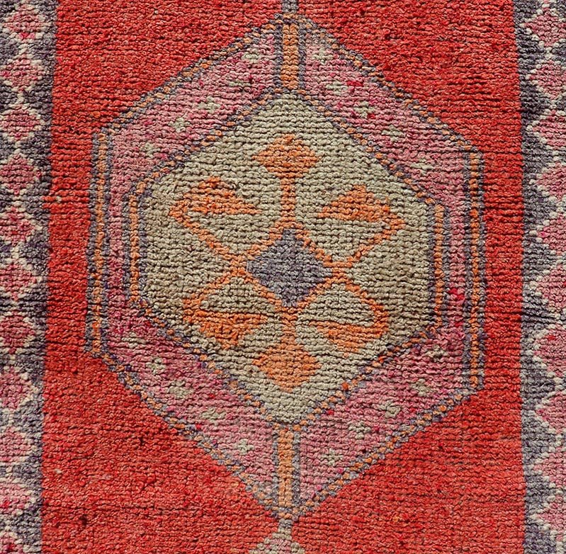 Colorful Oushak Vintage Turkish Runner with Geometric Medallion Design With Orangey - Red Measures: 3'0 x 11'9 Oushak Vintage Turkish Runner with Geometric Medallion Design With Orangey - Red. Keivan Woven Arts / rug TU - NED - 4694, country of or... - Keivan Woven ArtsTU - NED - 4694 - 22141Rug