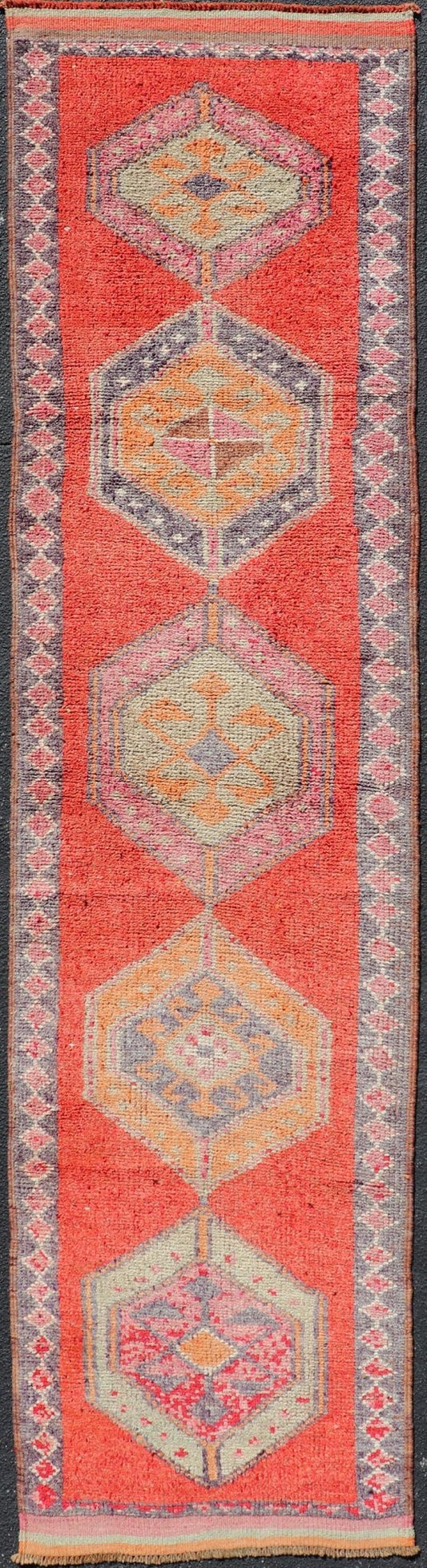 Colorful Oushak Vintage Turkish Runner with Geometric Medallion Design With Orangey - Red Measures: 3'0 x 11'9 Oushak Vintage Turkish Runner with Geometric Medallion Design With Orangey - Red. Keivan Woven Arts / rug TU - NED - 4694, country of or... - Keivan Woven ArtsTU - NED - 4694 - 22141