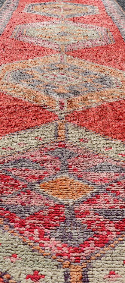 Colorful Oushak Vintage Turkish Runner with Geometric Medallion Design With Orangey - Red Measures: 3'0 x 11'9 Oushak Vintage Turkish Runner with Geometric Medallion Design With Orangey - Red. Keivan Woven Arts / rug TU - NED - 4694, country of or... - Keivan Woven ArtsTU - NED - 4694 - 22141Rug