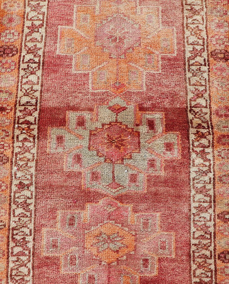 Measures: 2'10 x 16'0 Colorful Vintage Turkish Oushak Runner with Diamond Medallions. Keivan Woven Arts / rug/TU - NED - 4695, country of origin / type: Turkey / Oushak, circa 1950 This very unique Oushak is uncommon in its design, from the brig... - Keivan Woven ArtsTU - NED - 4695 - 23072Rug