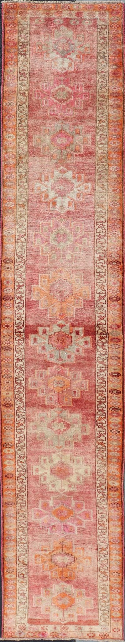 Measures: 2'10 x 16'0 Colorful Vintage Turkish Oushak Runner with Diamond Medallions. Keivan Woven Arts / rug/TU - NED - 4695, country of origin / type: Turkey / Oushak, circa 1950 This very unique Oushak is uncommon in its design, from the brig... - Keivan Woven ArtsTU - NED - 4695 - 23072Rug