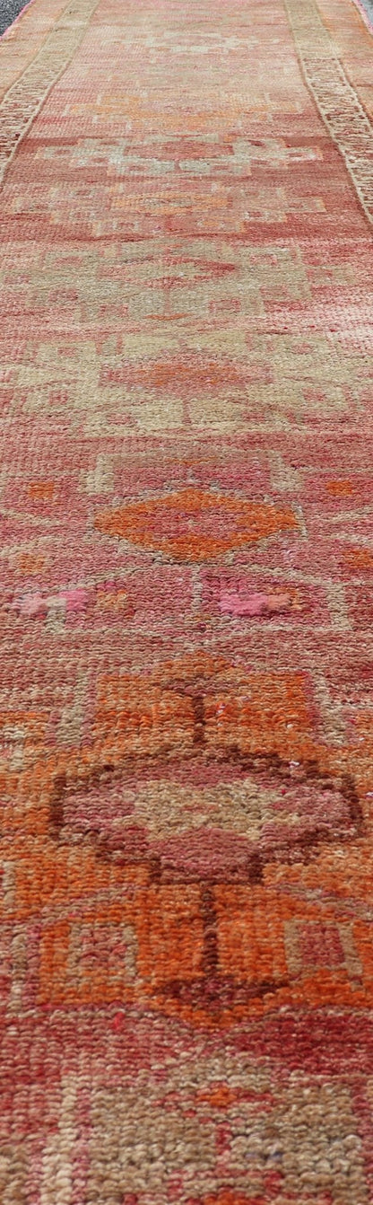 Measures: 2'10 x 16'0 Colorful Vintage Turkish Oushak Runner with Diamond Medallions. Keivan Woven Arts / rug/TU - NED - 4695, country of origin / type: Turkey / Oushak, circa 1950 This very unique Oushak is uncommon in its design, from the brig... - Keivan Woven ArtsTU - NED - 4695 - 23072Rug
