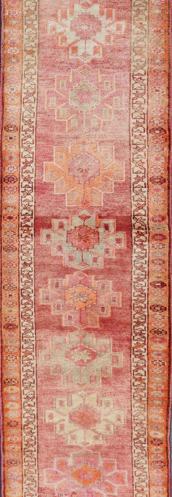 Measures: 2'10 x 16'0 Colorful Vintage Turkish Oushak Runner with Diamond Medallions. Keivan Woven Arts / rug/TU - NED - 4695, country of origin / type: Turkey / Oushak, circa 1950 This very unique Oushak is uncommon in its design, from the brig... - Keivan Woven ArtsTU - NED - 4695 - 23072Rug