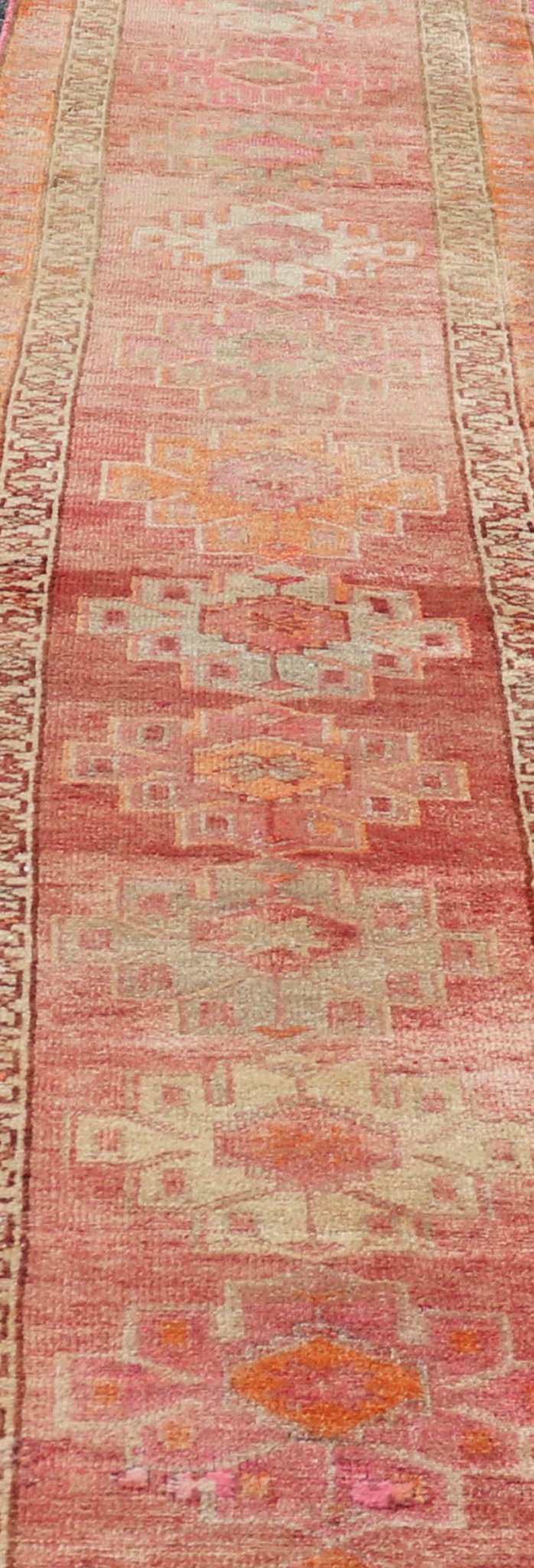 Measures: 2'10 x 16'0 Colorful Vintage Turkish Oushak Runner with Diamond Medallions. Keivan Woven Arts / rug/TU - NED - 4695, country of origin / type: Turkey / Oushak, circa 1950 This very unique Oushak is uncommon in its design, from the brig... - Keivan Woven ArtsTU - NED - 4695 - 23072Rug