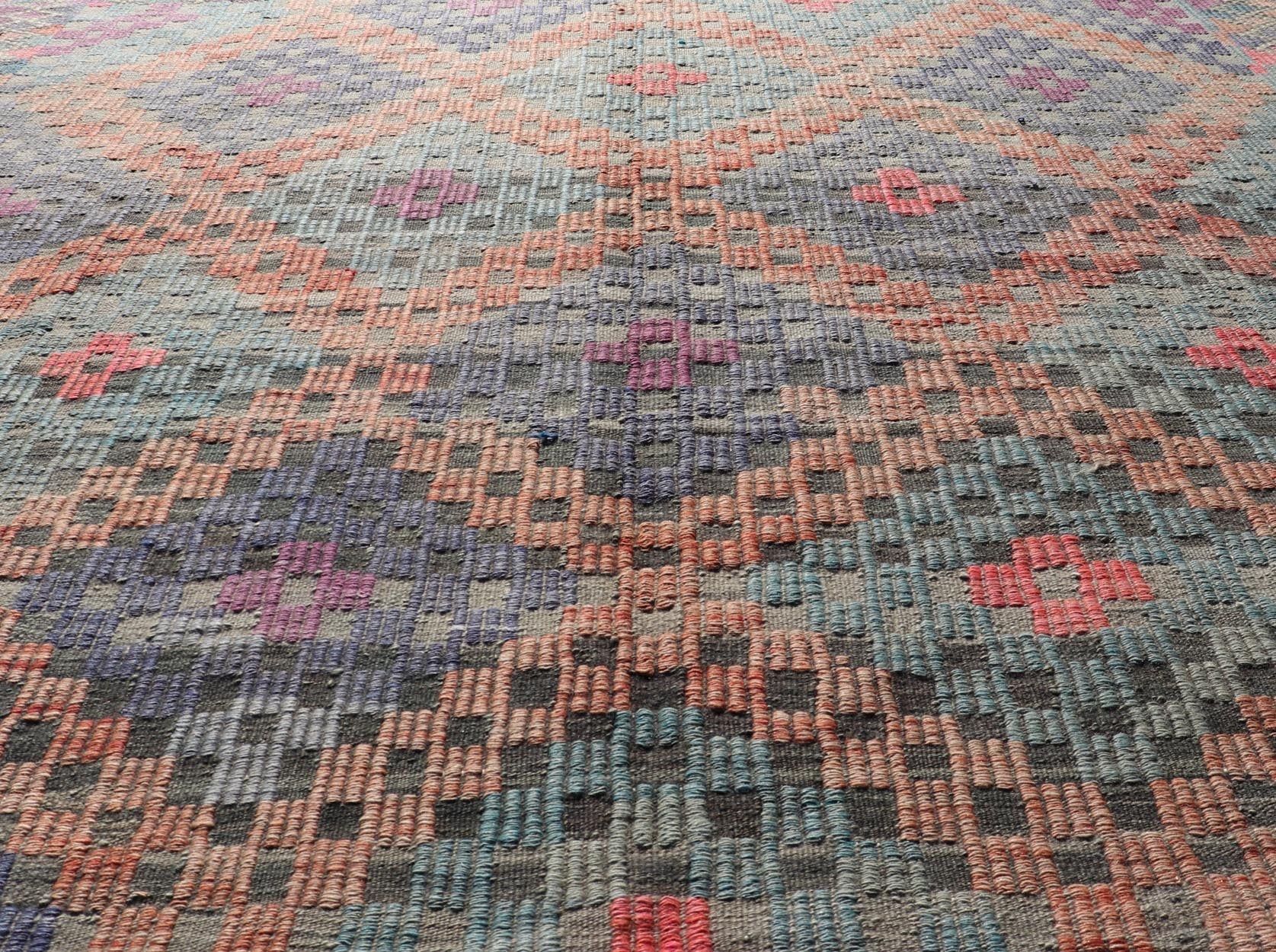 Measures: 6'5 x 7'1 Turkish Vintage Kilim with All - Over Geometric Diamond Design in Multicolor. Keivan Woven Arts / rug TU - NED - 4696, country of origin / type: Turkey / Kilim, circa Mid - 20th Century. This geometric embroidered flat weave from Tur... - Keivan Woven ArtsTU - NED - 4696 - 22147Rug