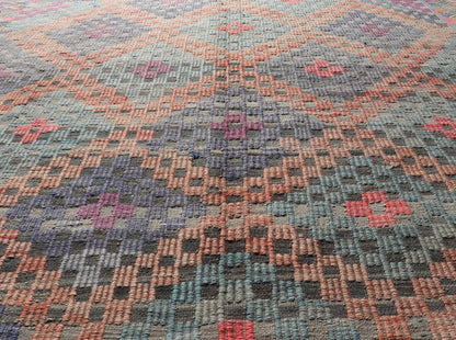 Measures: 6'5 x 7'1 Turkish Vintage Kilim with All - Over Geometric Diamond Design in Multicolor. Keivan Woven Arts / rug TU - NED - 4696, country of origin / type: Turkey / Kilim, circa Mid - 20th Century. This geometric embroidered flat weave from Tur... - Keivan Woven ArtsTU - NED - 4696 - 22147Rug