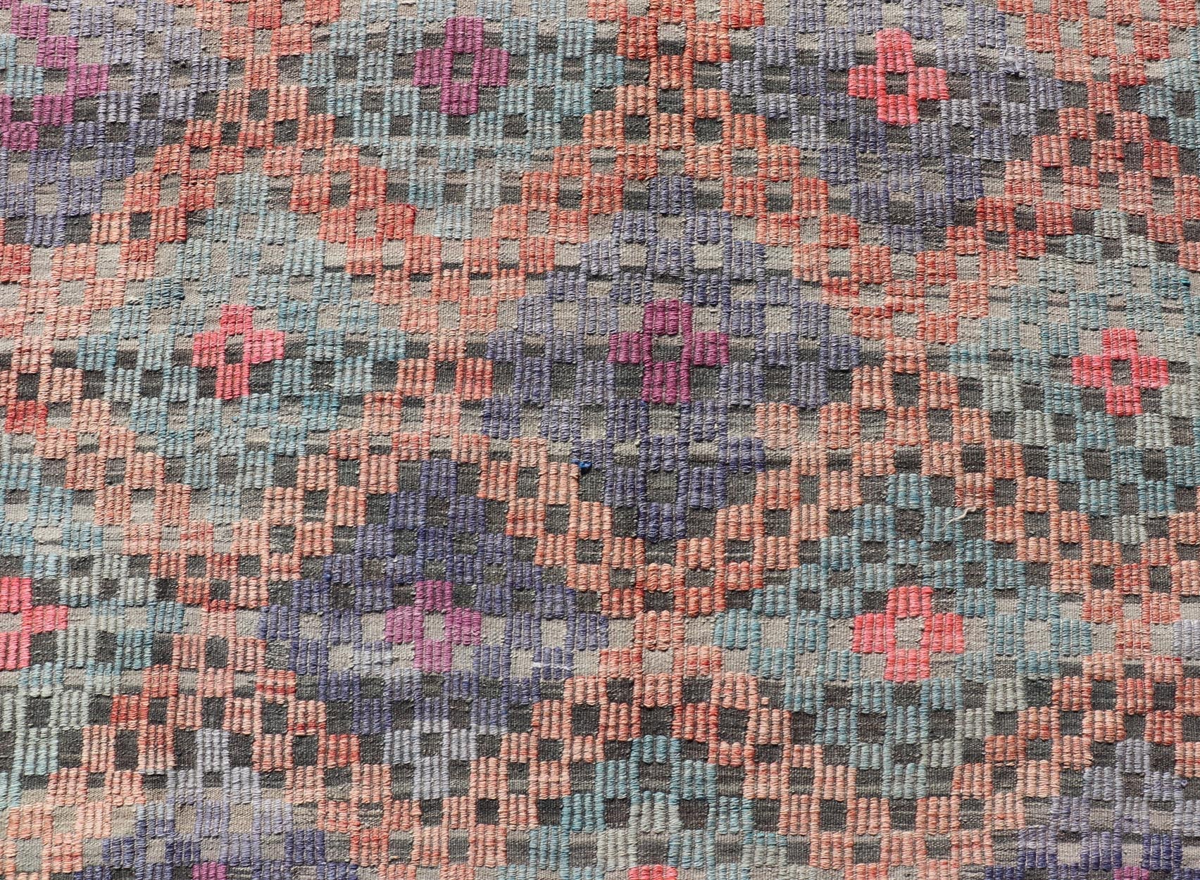 Measures: 6'5 x 7'1 Turkish Vintage Kilim with All - Over Geometric Diamond Design in Multicolor. Keivan Woven Arts / rug TU - NED - 4696, country of origin / type: Turkey / Kilim, circa Mid - 20th Century. This geometric embroidered flat weave from Tur... - Keivan Woven ArtsTU - NED - 4696 - 22147Rug