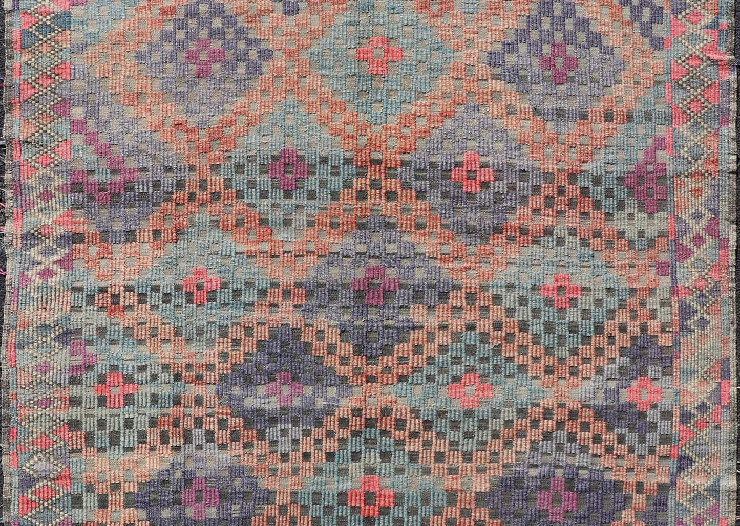 Measures: 6'5 x 7'1 Turkish Vintage Kilim with All - Over Geometric Diamond Design in Multicolor. Keivan Woven Arts / rug TU - NED - 4696, country of origin / type: Turkey / Kilim, circa Mid - 20th Century. This geometric embroidered flat weave from Tur... - Keivan Woven ArtsTU - NED - 4696 - 22147Rug