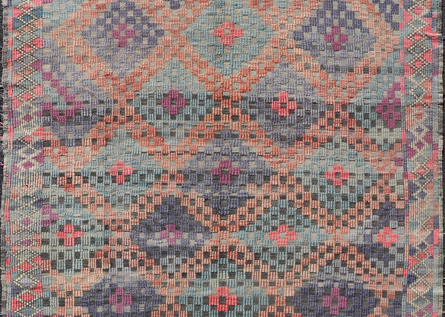 Measures: 6'5 x 7'1 Turkish Vintage Kilim with All - Over Geometric Diamond Design in Multicolor. Keivan Woven Arts / rug TU - NED - 4696, country of origin / type: Turkey / Kilim, circa Mid - 20th Century. This geometric embroidered flat weave from Tur... - Keivan Woven ArtsTU - NED - 4696 - 22147Rug