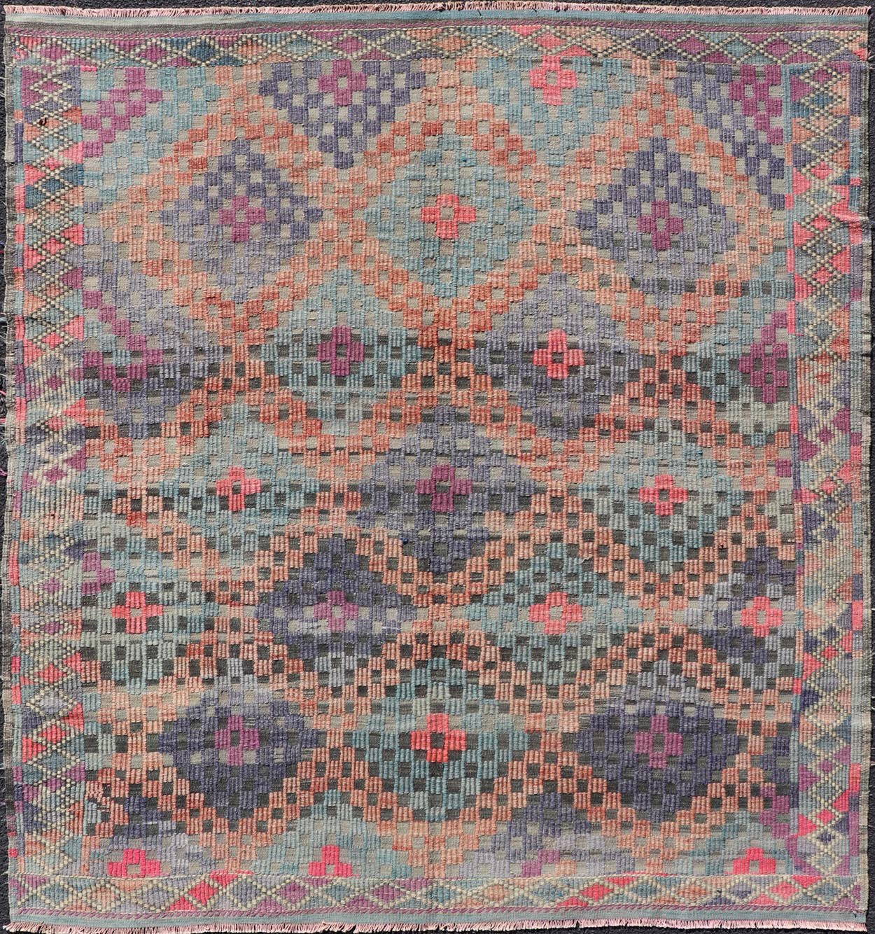Measures: 6'5 x 7'1 Turkish Vintage Kilim with All - Over Geometric Diamond Design in Multicolor. Keivan Woven Arts / rug TU - NED - 4696, country of origin / type: Turkey / Kilim, circa Mid - 20th Century. This geometric embroidered flat weave from Tur... - Keivan Woven ArtsTU - NED - 4696 - 22147Rug