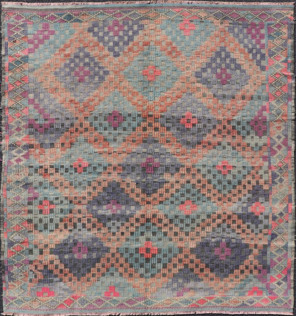 Measures: 6'5 x 7'1 Turkish Vintage Kilim with All - Over Geometric Diamond Design in Multicolor. Keivan Woven Arts / rug TU - NED - 4696, country of origin / type: Turkey / Kilim, circa Mid - 20th Century. This geometric embroidered flat weave from Tur... - Keivan Woven ArtsTU - NED - 4696 - 22147Rug