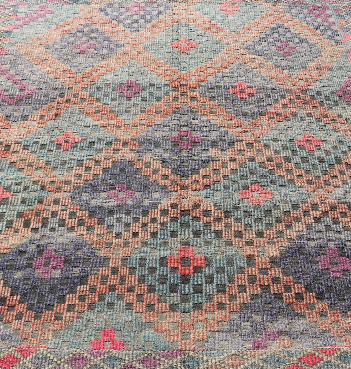 Measures: 6'5 x 7'1 Turkish Vintage Kilim with All - Over Geometric Diamond Design in Multicolor. Keivan Woven Arts / rug TU - NED - 4696, country of origin / type: Turkey / Kilim, circa Mid - 20th Century. This geometric embroidered flat weave from Tur... - Keivan Woven ArtsTU - NED - 4696 - 22147Rug