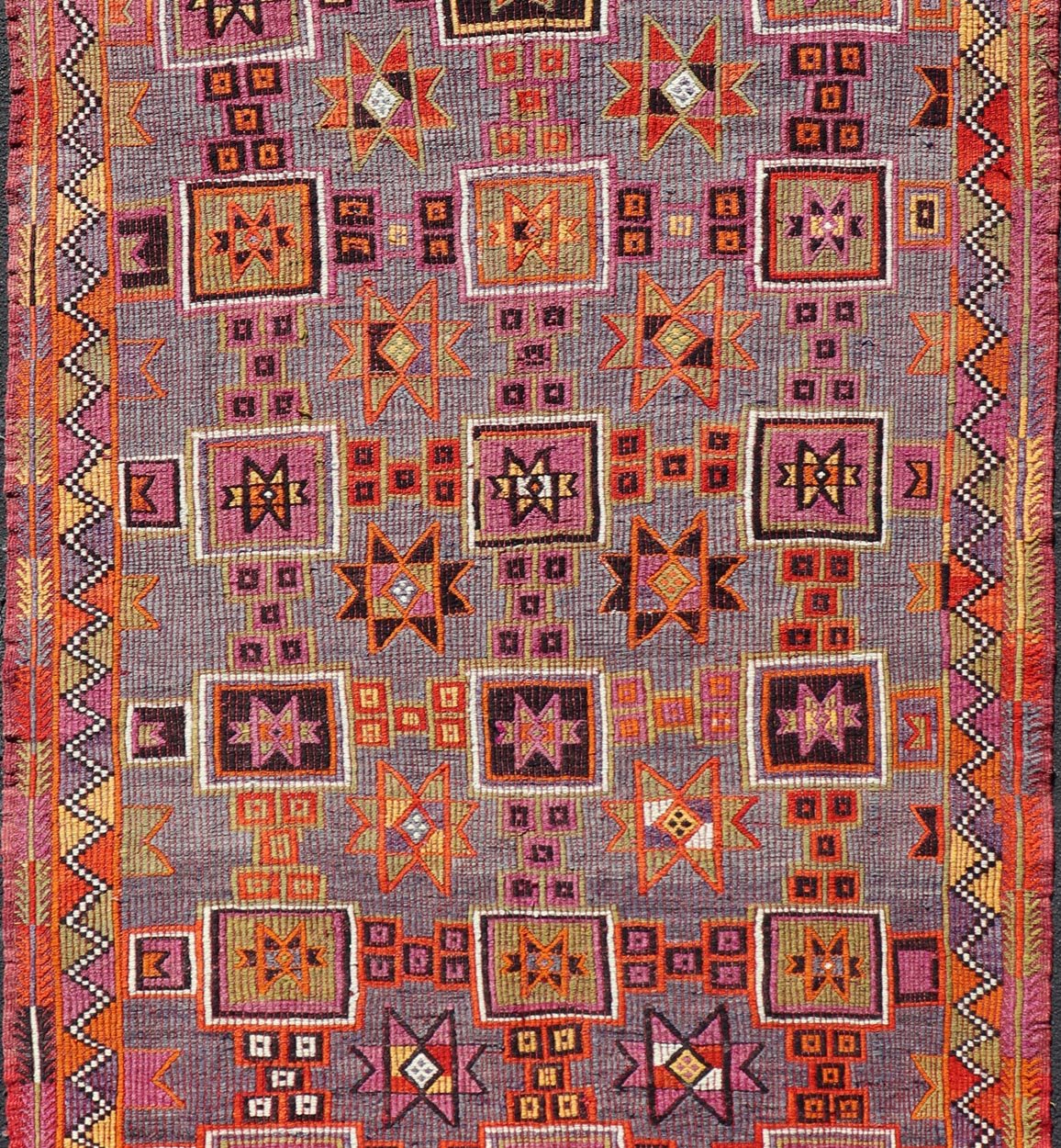 Measures: 5'7 x 9'10 Colorful Vintage Kilim Embroidered Jajeem with Square and Star Design In Purple. Keivan Woven Arts / rug TU - NED - 4697, country of origin / type: Turkey / Kilim, circa 1950 Featuring tribal shapes of stars and boxes with a ... - Keivan Woven ArtsTU - NED - 4697 - 22153Rug