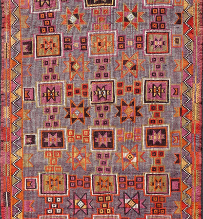 Measures: 5'7 x 9'10 Colorful Vintage Kilim Embroidered Jajeem with Square and Star Design In Purple. Keivan Woven Arts / rug TU - NED - 4697, country of origin / type: Turkey / Kilim, circa 1950 Featuring tribal shapes of stars and boxes with a ... - Keivan Woven ArtsTU - NED - 4697 - 22153Rug