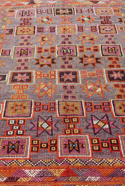 Measures: 5'7 x 9'10 Colorful Vintage Kilim Embroidered Jajeem with Square and Star Design In Purple. Keivan Woven Arts / rug TU - NED - 4697, country of origin / type: Turkey / Kilim, circa 1950 Featuring tribal shapes of stars and boxes with a ... - Keivan Woven ArtsTU - NED - 4697 - 22153Rug