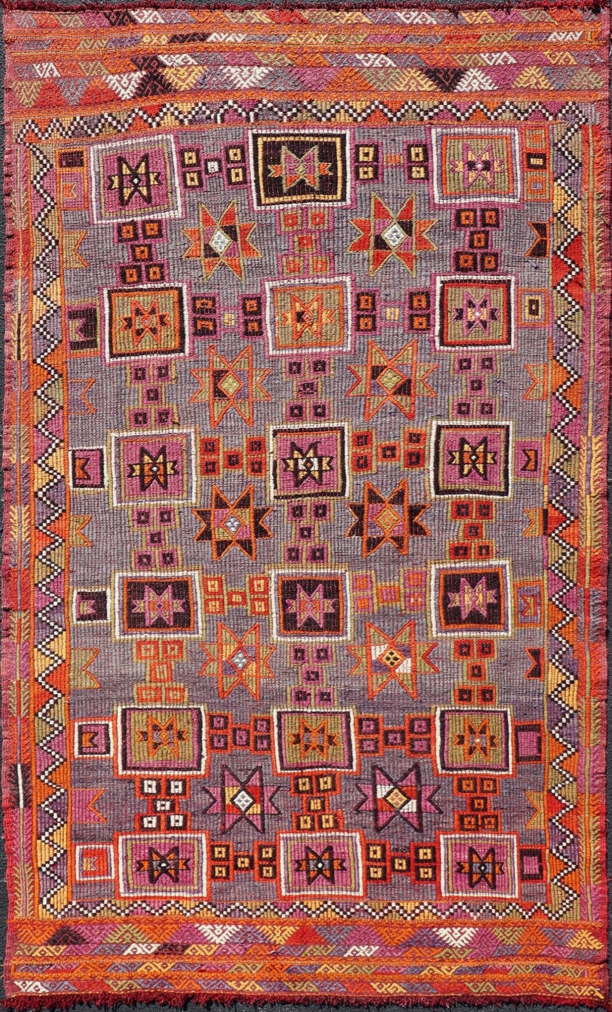 Measures: 5'7 x 9'10 Colorful Vintage Kilim Embroidered Jajeem with Square and Star Design In Purple. Keivan Woven Arts / rug TU - NED - 4697, country of origin / type: Turkey / Kilim, circa 1950 Featuring tribal shapes of stars and boxes with a ... - Keivan Woven ArtsTU - NED - 4697 - 22153Rug
