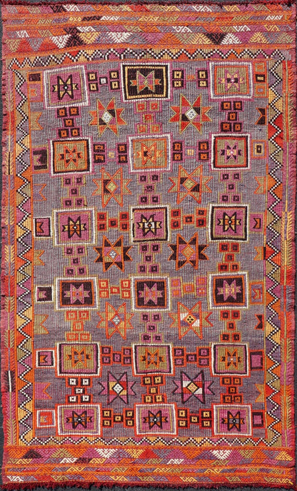 Measures: 5'7 x 9'10 Colorful Vintage Kilim Embroidered Jajeem with Square and Star Design In Purple. Keivan Woven Arts / rug TU - NED - 4697, country of origin / type: Turkey / Kilim, circa 1950 Featuring tribal shapes of stars and boxes with a ... - Keivan Woven ArtsTU - NED - 4697 - 22153Rug