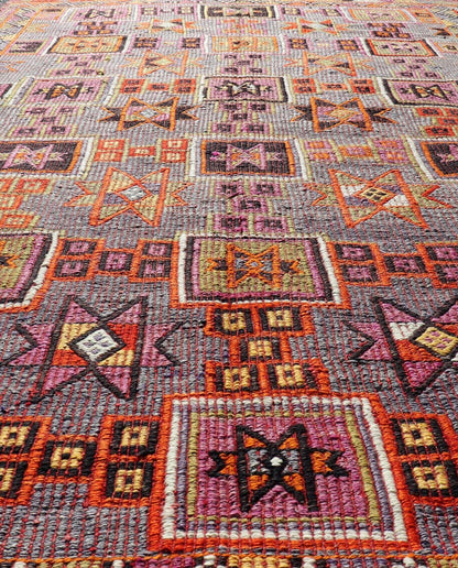 Measures: 5'7 x 9'10 Colorful Vintage Kilim Embroidered Jajeem with Square and Star Design In Purple. Keivan Woven Arts / rug TU - NED - 4697, country of origin / type: Turkey / Kilim, circa 1950 Featuring tribal shapes of stars and boxes with a ... - Keivan Woven ArtsTU - NED - 4697 - 22153Rug