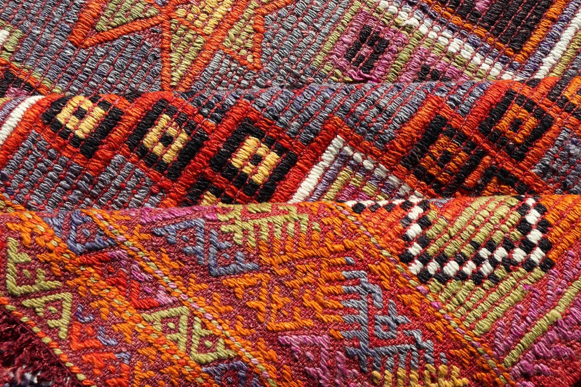 Measures: 5'7 x 9'10 Colorful Vintage Kilim Embroidered Jajeem with Square and Star Design In Purple. Keivan Woven Arts / rug TU - NED - 4697, country of origin / type: Turkey / Kilim, circa 1950 Featuring tribal shapes of stars and boxes with a ... - Keivan Woven ArtsTU - NED - 4697 - 22153Rug