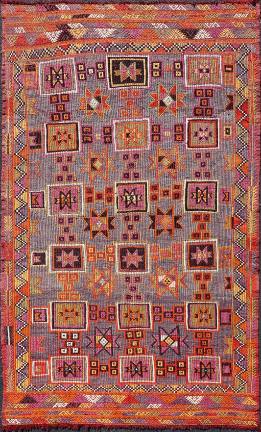 Measures: 5'7 x 9'10 Colorful Vintage Kilim Embroidered Jajeem with Square and Star Design In Purple. Keivan Woven Arts / rug TU - NED - 4697, country of origin / type: Turkey / Kilim, circa 1950 Featuring tribal shapes of stars and boxes with a ... - Keivan Woven ArtsTU - NED - 4697 - 22153