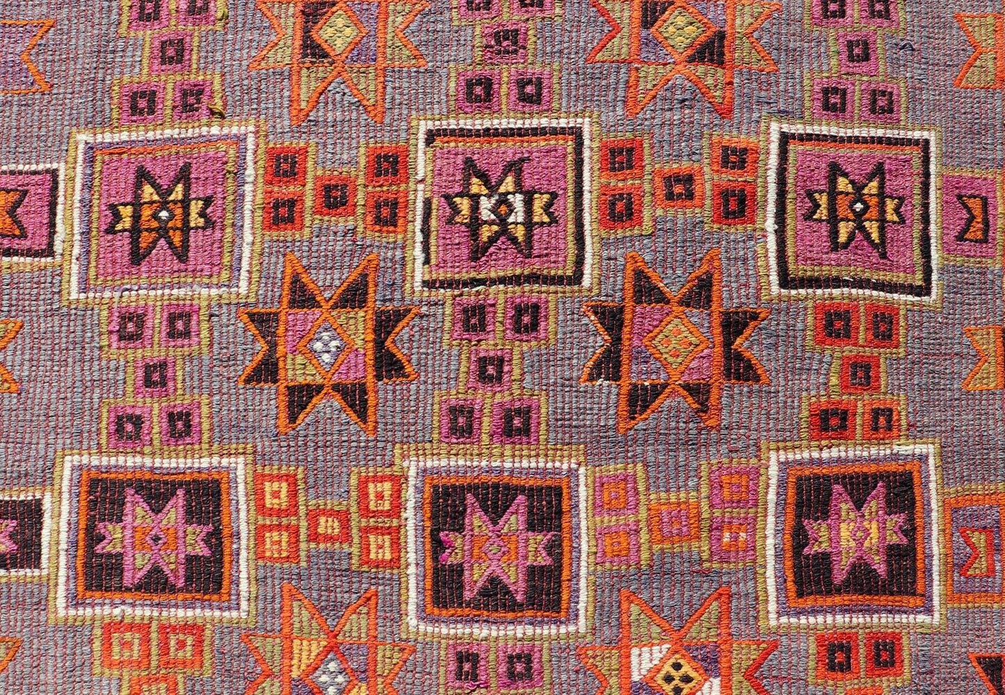 Measures: 5'7 x 9'10 Colorful Vintage Kilim Embroidered Jajeem with Square and Star Design In Purple. Keivan Woven Arts / rug TU - NED - 4697, country of origin / type: Turkey / Kilim, circa 1950 Featuring tribal shapes of stars and boxes with a ... - Keivan Woven ArtsTU - NED - 4697 - 22153Rug