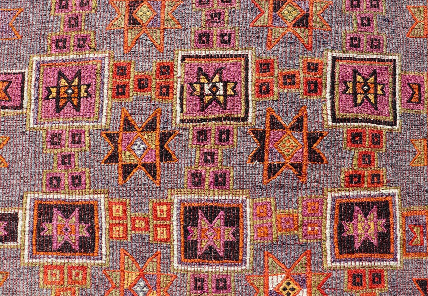Measures: 5'7 x 9'10 Colorful Vintage Kilim Embroidered Jajeem with Square and Star Design In Purple. Keivan Woven Arts / rug TU - NED - 4697, country of origin / type: Turkey / Kilim, circa 1950 Featuring tribal shapes of stars and boxes with a ... - Keivan Woven ArtsTU - NED - 4697 - 22153Rug